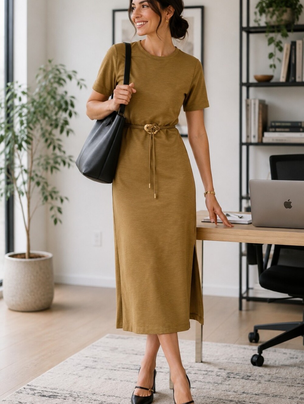 Stitch Fix Brown Short-Sleeve Maxi Dress with Waist Tie